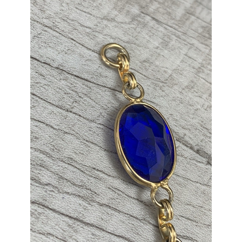 Gold-tone Chain Beaded Bracelet with Blue Oval Glass Stones, Spring Ring Closure - Picture 6 of 9